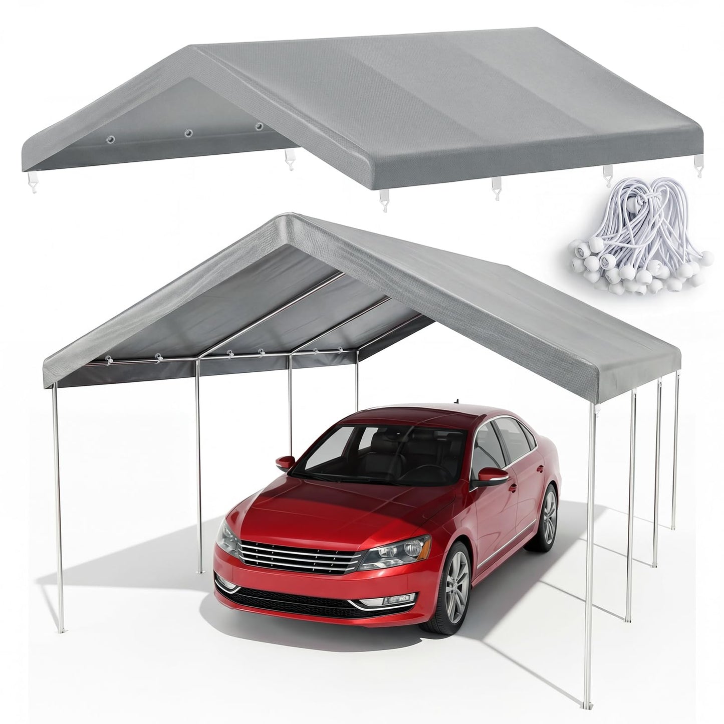 10x20 FT Carport Canopy Replacement Cover, Heavy Duty Car Garage Top Tent Shelter Tarp, Waterproof & UV Protected, Easy Installation with Ball Bungees, Gray (Frame Not Included)