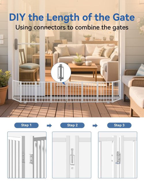 BFNN Free Standing Foldable Dog Gate, 16.5" High Step-Over Metal Short Pet Gate, Up to 48" Wide Puppy Fence for Stairs and Doorways, Indoor & Outdoor Use, No Drilling and No Assembly, White