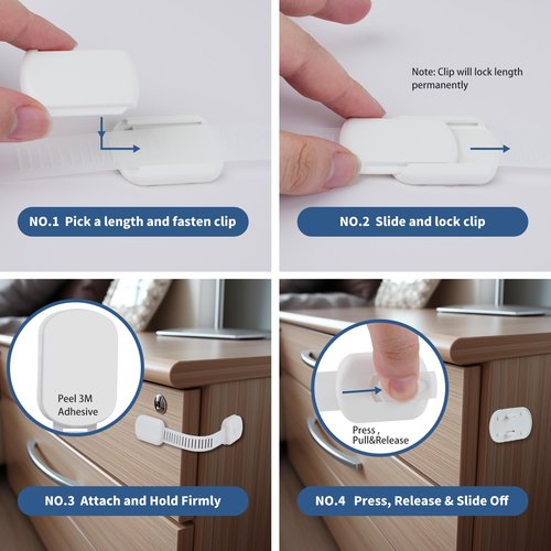 12 Pack Vkania Baby Proofing Cabinet Strap Locks - Child Safety Drawer Cupboard Oven Refrigerator Adhesive Locks - Adjustable Toilets Seat Fridge Latches - Kids Proof Kit - No Drilling