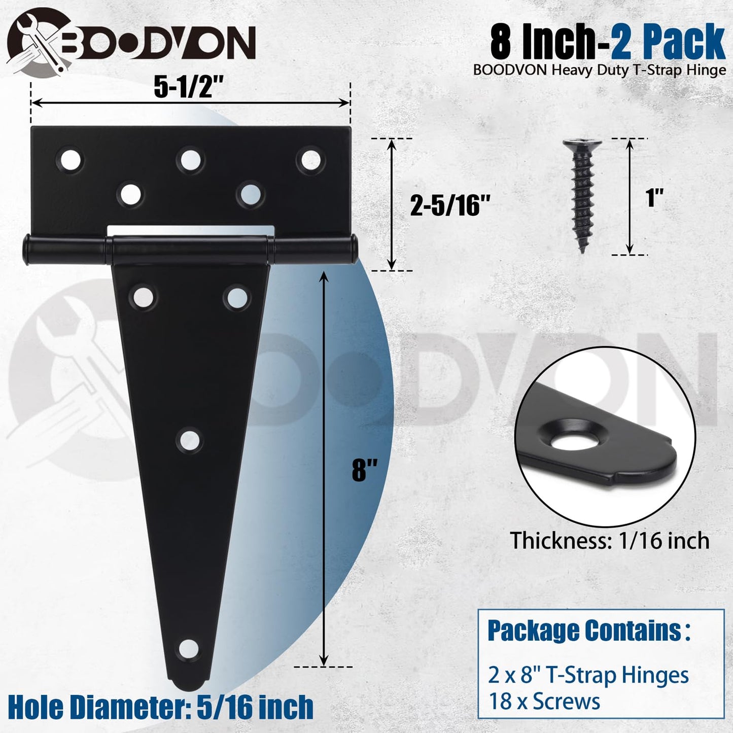 BOODVON 8 Inch T-Strap Gate Hinges, Shed Barn Door Hinges Heavy Duty, Black Tee Hinges for Wooden Fences, Yard Gate, Wrought Hardware Iron Rustproof (2Pack/Set)