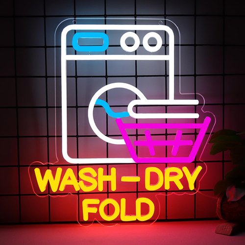 GLEAMYNHD Wash Dry Fold Neon Sign LED Light Up Wall Decor for Laundry Room Home & Laundromat - USB Powered 12x14 Inch Hanging Decorative Lights Gift Idea