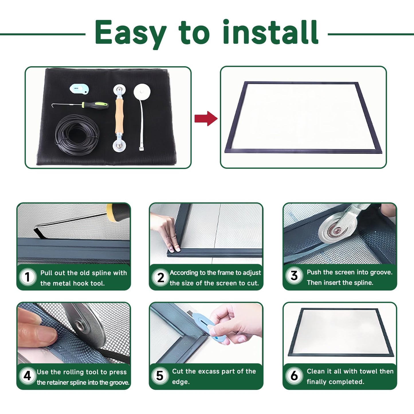 Windows Screen Replacement Kit and Screen Door Repair Kit 48"x177" Durable Fiberglass Screen Mesh Roll with All Tools in Window Screen & Sliding Screen Door Replacement for Windows, Patio and Porch