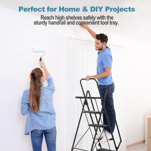 Step Ladders 6 Step Folding, Folding Step Ladder with Tool Tray & Handle, Step Stool Ladder with Rubber Feet Capacity 500lbs, Tall Ladders for Home High Ceilings (Black, 6 Tier Iron with Tray)