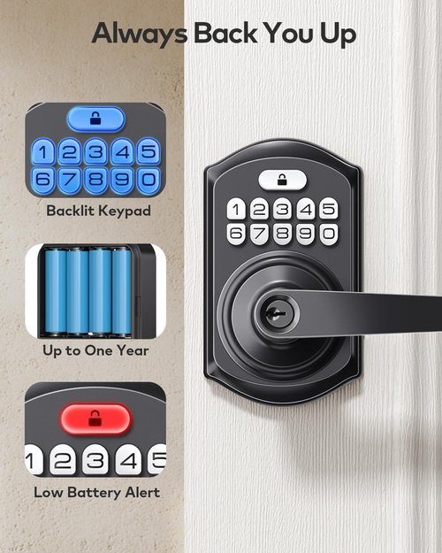 TEEHO TE004 Keyless Entry Keypad Door Lock with Handle - Front Digital Door Electronic Deadbolt with Anti-Peeping, Auto Lock & Passage Mode - Easy Installation - Matte Black