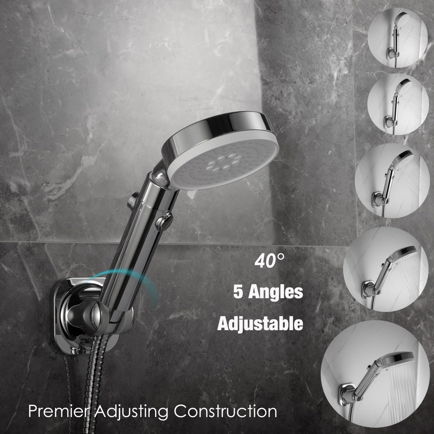 Handheld Shower Head Holder - 5 Positions Adjustable - Slide to Fit - Adhesive Mount with Screw Option, Bathroom Wall Mount Shower Hose Holder (Chrome)