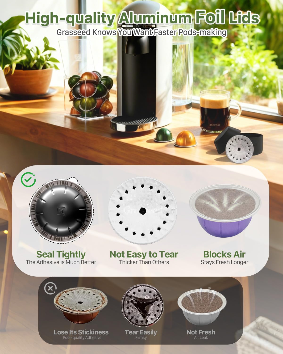 Grasseed Reusable VertuoLine Capsule Kit for Nespresso Pods with 100Pcs Aluminum Foil Seals Lids, Refillable Coffee Pods for VertuoLine to Refill Pods