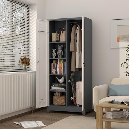 GREATMEET 72.8" H Utility Closet, Broom Closet Storage Cabinet with Adjustable Shelves and Pegboard, Utility Cabinet for Brooms and Mops, Grey-White