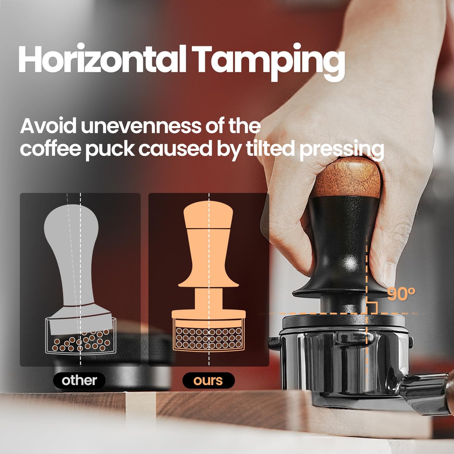 MHW-3BOMBER 54mm Espresso Tamper, Double Spring Loaded Tamper, Self Leveling without Tilting, 53mm Coffee Tamper with Wood Cover, 53.35mm Ripple Base, T7127