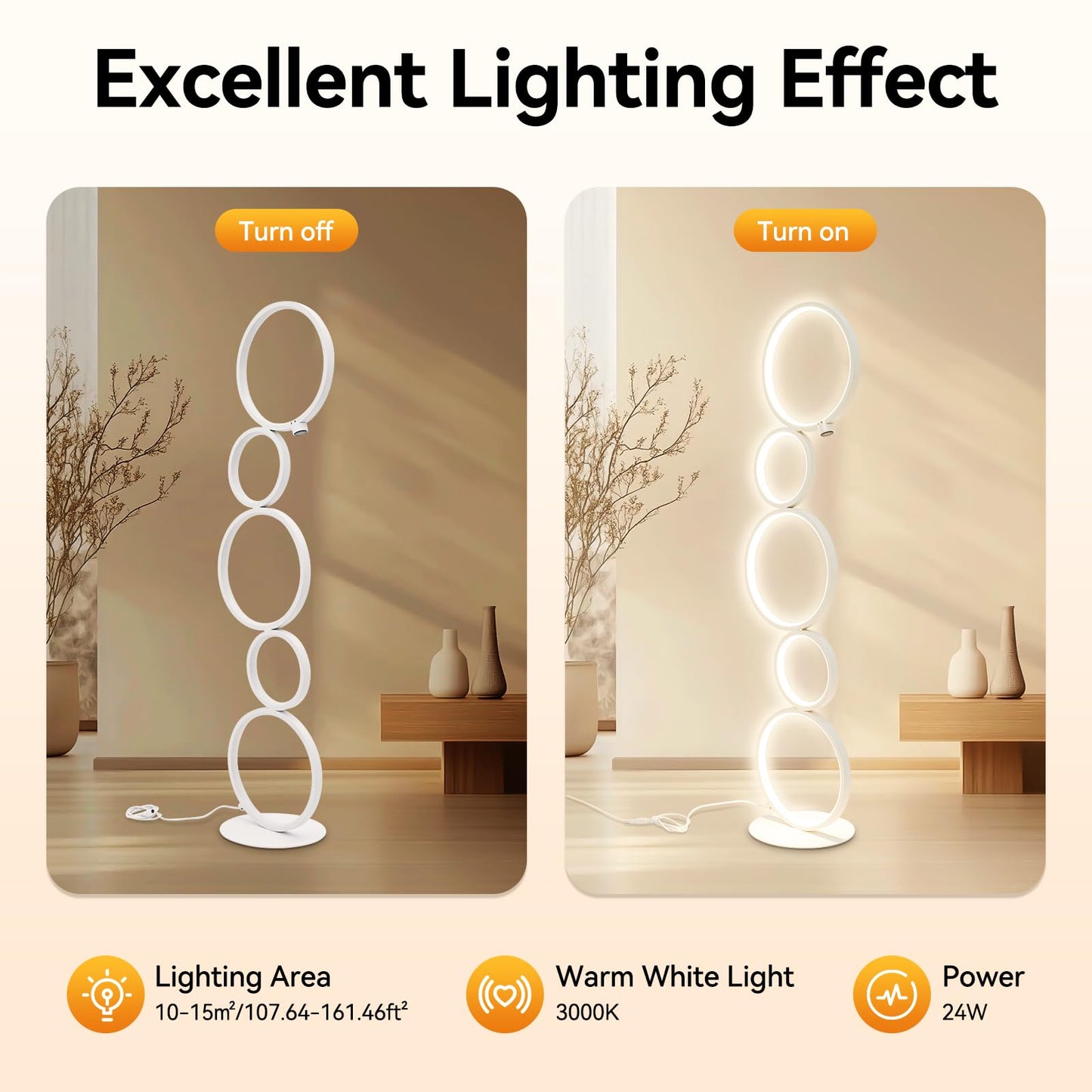 SpaceBovae Modern 5-Circle Ring-Style Floor Lamp, Artistic Trendy Design Ring Standing Lamp, One-Touch Switch Led 5 Ring Floor Standing Tall Lamps for Living Room,Ideal for Home and Office