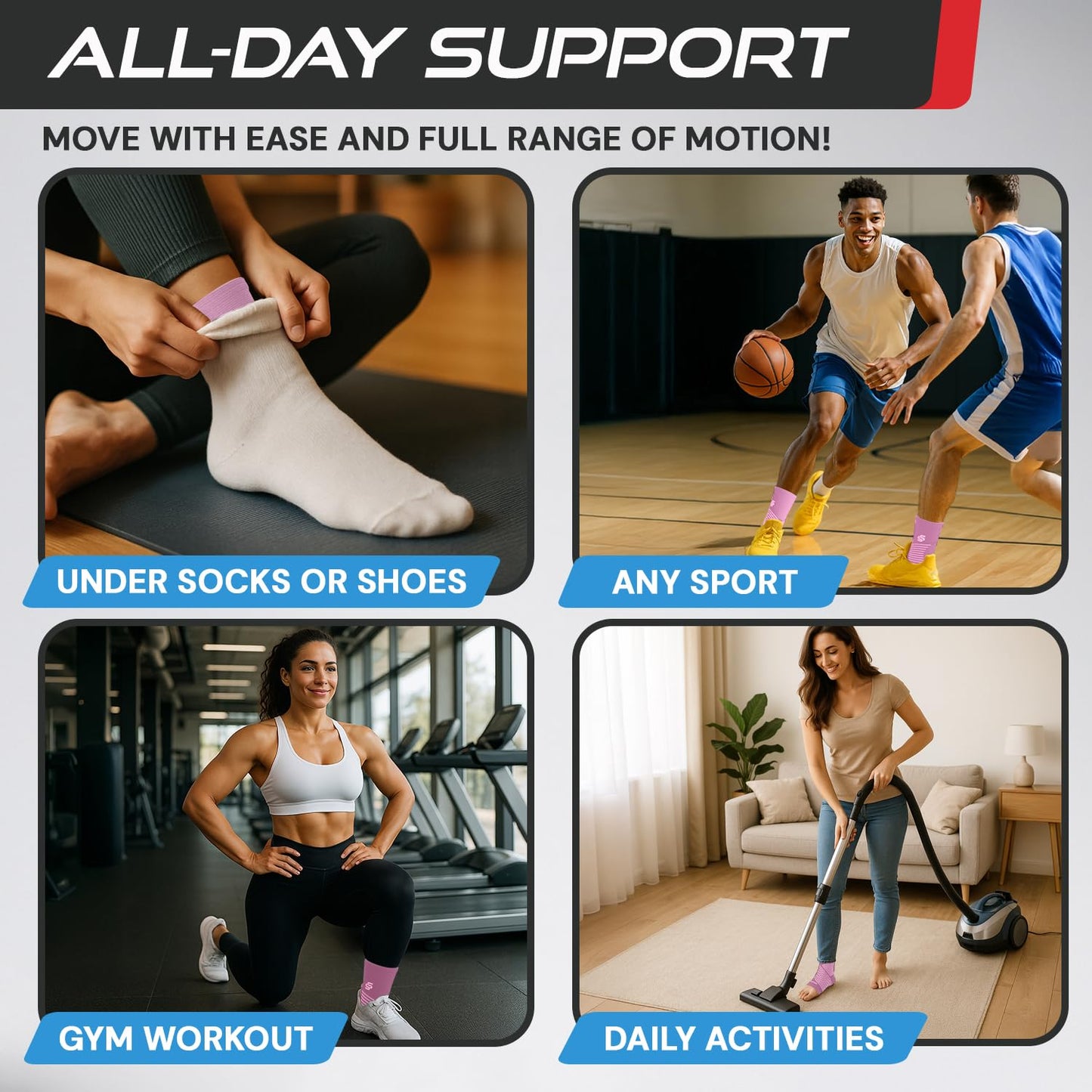 Sleeve Stars Ankle Brace for Women & Men, Ankle Wrap for Sprained Ankle, Compression Sleeve for Plantar Fasciitis Relief, Easy Customizable Support: w/Removable Strap (Single/S:9"-10"/Baby Pink)