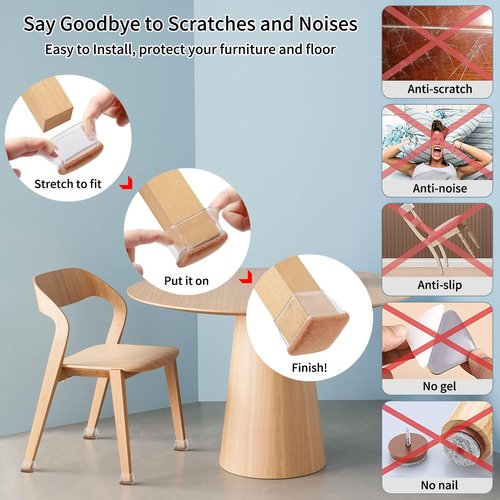Ezprotekt 24 Pcs XL Square Clear Chair Leg Floor Protectors, Silicone Felt Furniture Pads Caps for Hardwood Floor, Dining Table Bar Stool Leg Protectors Leg Cups Covers (XL Fit: 1.5"-2")