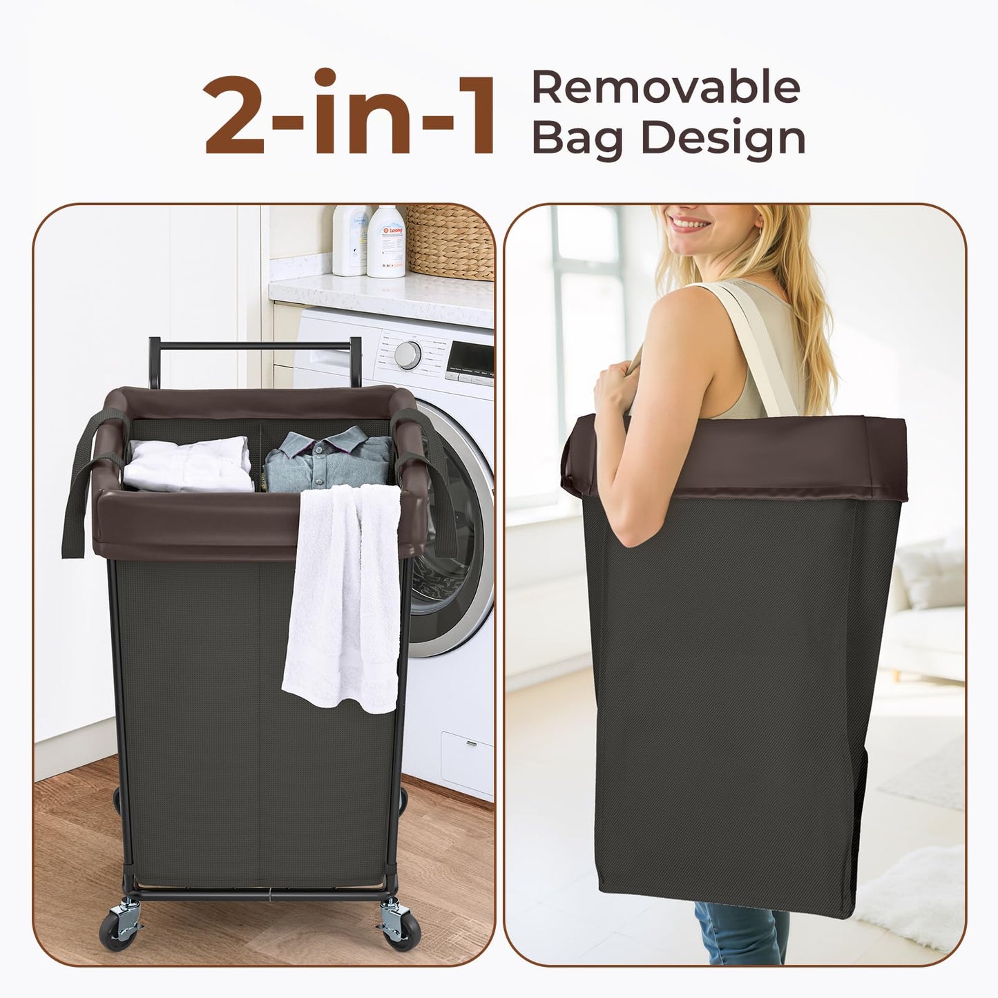 Mefirt 160L Laundry Hamper with Wheels and Handle, 2 Section Laundry Hamper with Wheels, Large Rolling Laundry Basket, Dirty Clothes Hamper Cart on Wheels for Laundry, Bedroom, Bathroom and Dorm