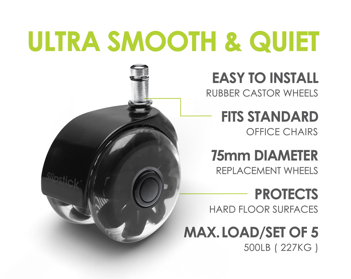 Monster 3” Dual Rollerblade Office Chair Wheels (Set of 5) Slipstick Premium Rubber Caster Wheels for Chairs, Smooth & Safe Rolling on All Flooring
