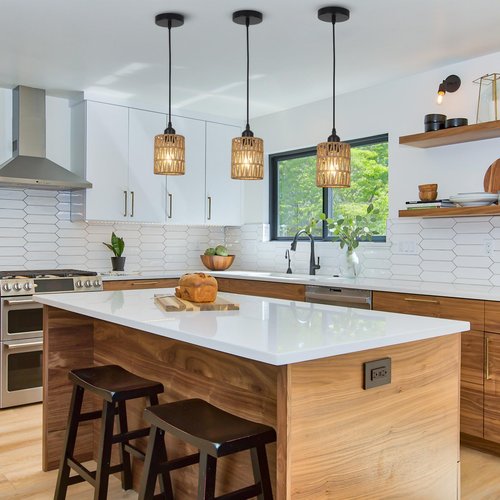 LAMSU 3 Pack Rattan Pendant Lights Kitchen Island, Farmhouse Pendant Lighting with Hand Woven Wicker Shade, Boho Chandelier Light Fixtures Ceiling Hanging for Dining Room Bedroom Foyer Hallway