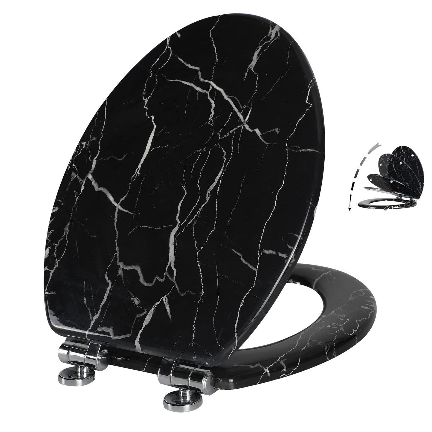 Angel Shield Marble Toilet Seat Durable Molded Wood with Quiet Close,Easy Clean，Quick-Release Hinges (Elongated,Black Marble)