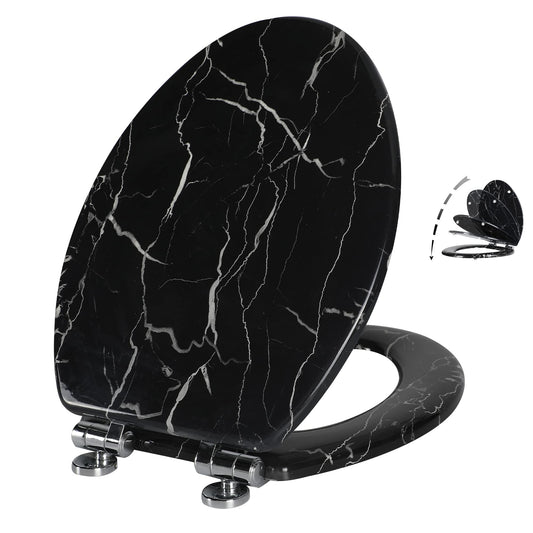 Angel Shield Marble Toilet Seat Durable Molded Wood with Quiet Close,Easy Clean，Quick-Release Hinges (Elongated,Black Marble)