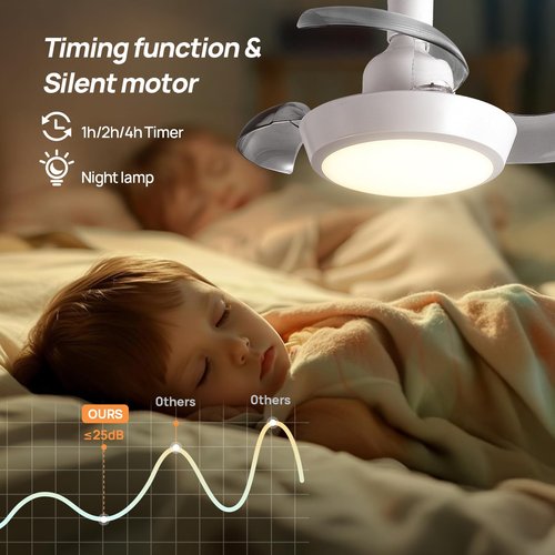 JOISTOON Socket Fan Light with Remote, Retractable Ceiling Fan Light with E27 Socket, Ultra-Quiet DC Motor, Dimmable LED for Small Spaces - Workshop, Garage, Bedroom (Flush Mount, No Visible Blades)