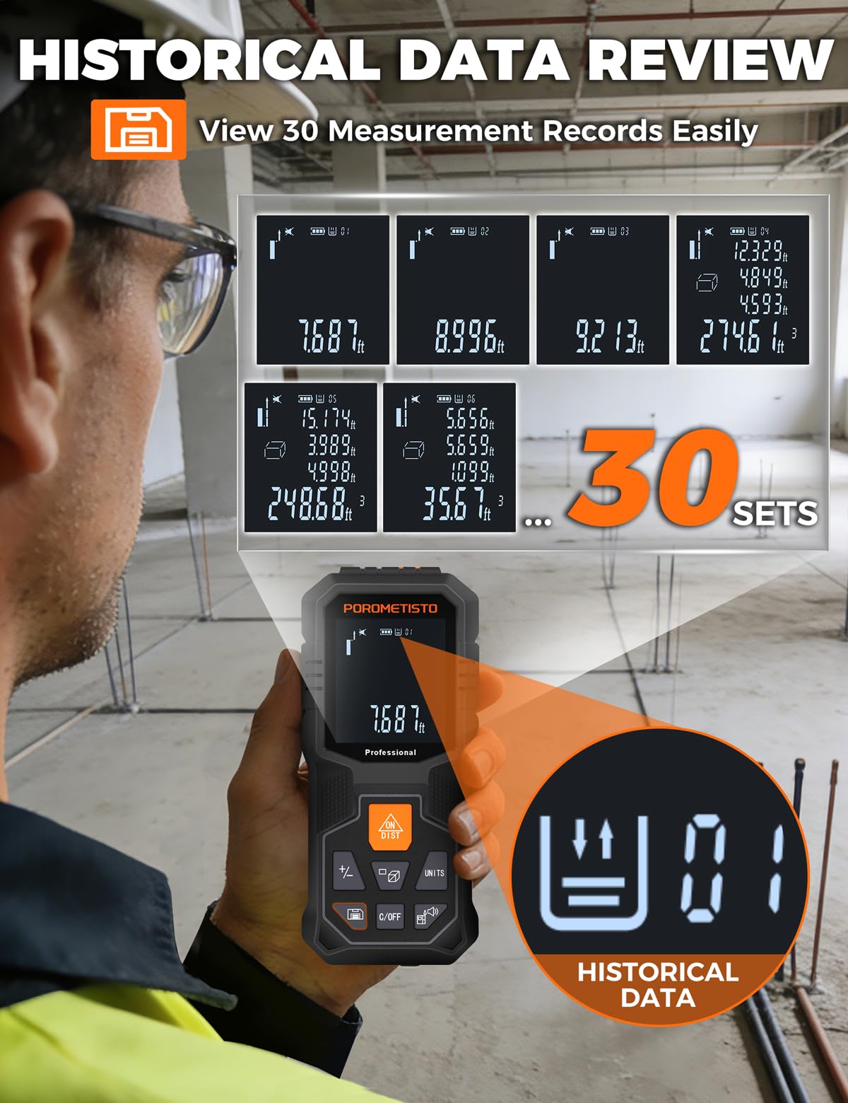 Laser Distance Meter POROMETISTO 262ft/80m, Digital Angle Finder,12 Modes for Angle Area Volume Pythagorean Distance, ±2mm High Accuracy, Tripod Interface Design Handheld Digital Rangefinder