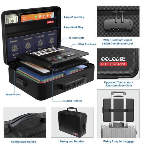 COLCASE Fireproof Document Bag with Lock, Fireproof Waterproof File Organizer Bag 5 Layers Protection Fireproof Bag Storage for Laptop Certificates Documents Passport 15 x 11 x 4.7 inches (Black)