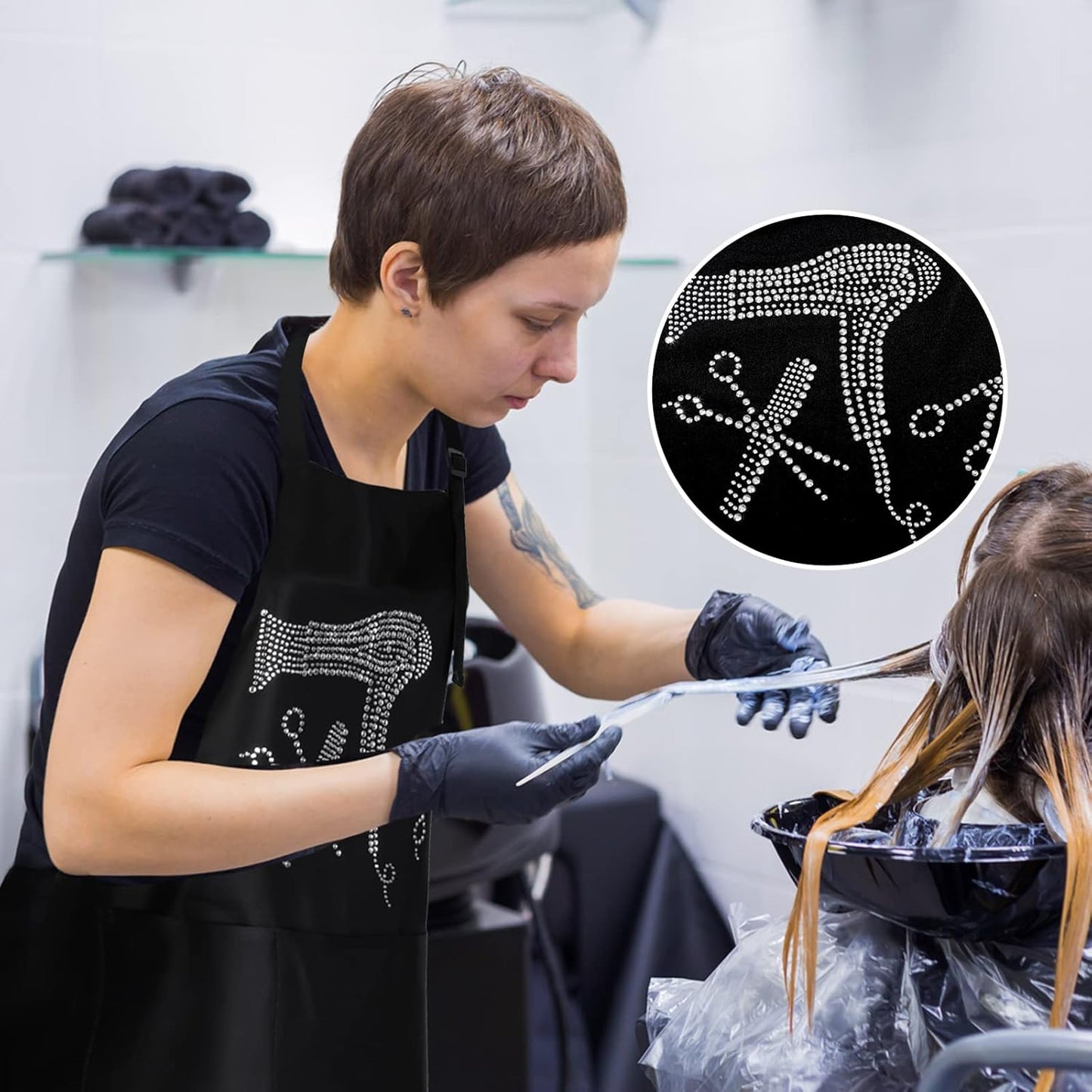 Coume 2 Pcs Hair Stylist Apron Hairstylist Salon Apron with Rhinestone Tools 3 Pockets Waterproof Hairdresser Barber