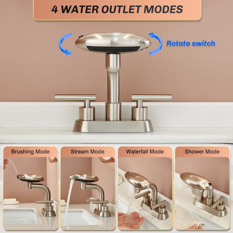 Bathroom Sink Faucet 3 Hole Brushed Nickel 4 Inch Centerset，4 Modes Waterfall Bathroom Faucet 2 Handle with 360° Swivel Spout & Pop Up Drain
