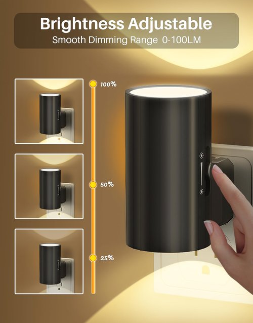 Night Lights Plug into Wall, LED Plug in Night Light, Dusk to Dawn Light Sensor, 0-100LM Adjustable Brightness Wall Light, Soft White 3000K, Dimmable Night Lights for Hallway Bedroom Stairway, 2 Pack