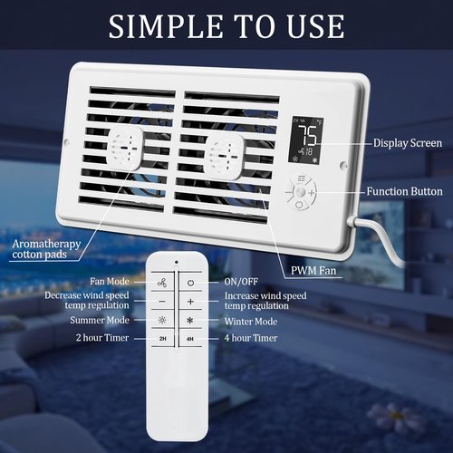 SoulBay 4x10 Inch Smart Register Booster Fan with Remote and Thermostat Control - Quiet AC Vent Booster Fan for Year-Round HVAC Efficiency, 10-Speed Adjustable, Auto Summer/Winter Modes