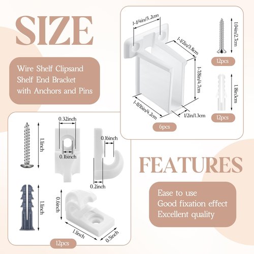 Innconee 24 Pcs 12 Inch Support Brackets Kit Include 6 Brackets 12 Wire Shelf Clips 6 Shelf End Bracket with Anchors and Pins Suitability for Closet Installation Shelving Support Wardrobe Kitchen