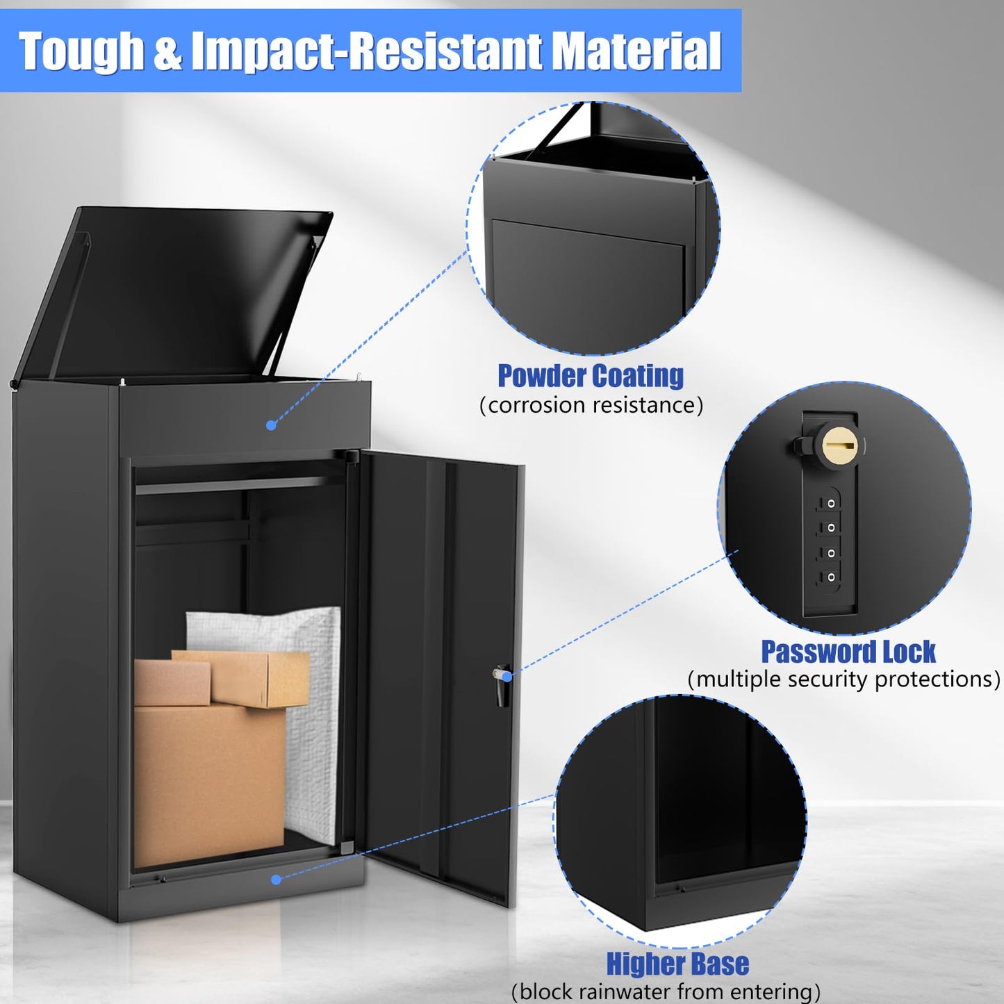 Large Package Delivery Boxes for Outside, 21.5"L X 17.7"W X 39.4"H Parcel Drop Boxes with Double Lock, Waterproof Anti-Theft Mailbox with Floor Spikes, Heavy-Duty Steel Secure Package Delivery Box