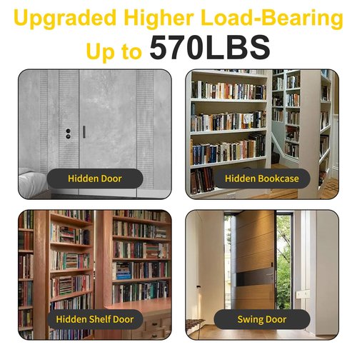 Heavy Duty Hidden Pivot Hinge - 570LB Load Bearing, 360° Rotation Invisible Door Hinge for Murphy Door Kit, Bookcase, Secret Door & Cabinet, Includes Hardware Kit (Black, 2 Pack)