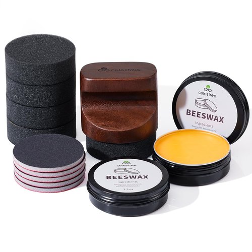 Celetree Wood Care Kit: Natural Raintree Applicator, 7oz Beeswax Butter & Cutting Board Wax, 5 Sponges + 5 Sandings – for Spoons, Cutting Boards, Butcher Blocks – Gift-Ready Wood Wax & Oil Set