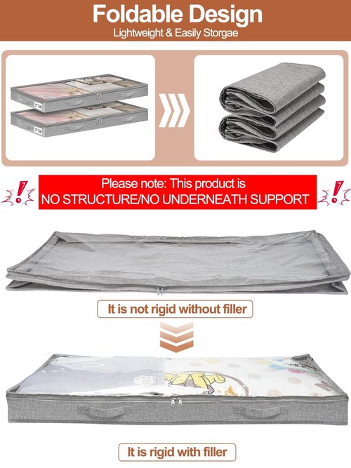 3 Inch Low Profile Under Bed Storage Bins with NO STURCTURE Design, Shallow Clothes Storage Bags with Clear Lids & Waterproof Fabric, 2-Pack, Grey – Fits Under Sofa, Couch, Dorm, or College Beds