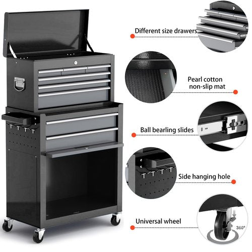 Tool Chest 8-Drawer | 42'' Large Rolling Tool Chest with Wheels | Detachable Top Metal Tool Box | Garage Storage Cabinet for Repair Room,Warehouse | Rolling Tool Box with Hooks,Liners,Tray Divider