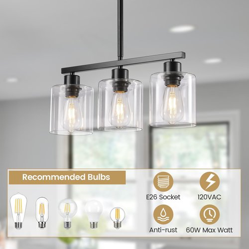 ROCUNSI 3-Light Kitchen Island Lighting, Black Pendant Light Fixture, Farmhouse Dining Room Light Fixtures Over Table, Modern Hanging Light Fixtures with Clear Glass, E26 Base, Bulbs Not Included