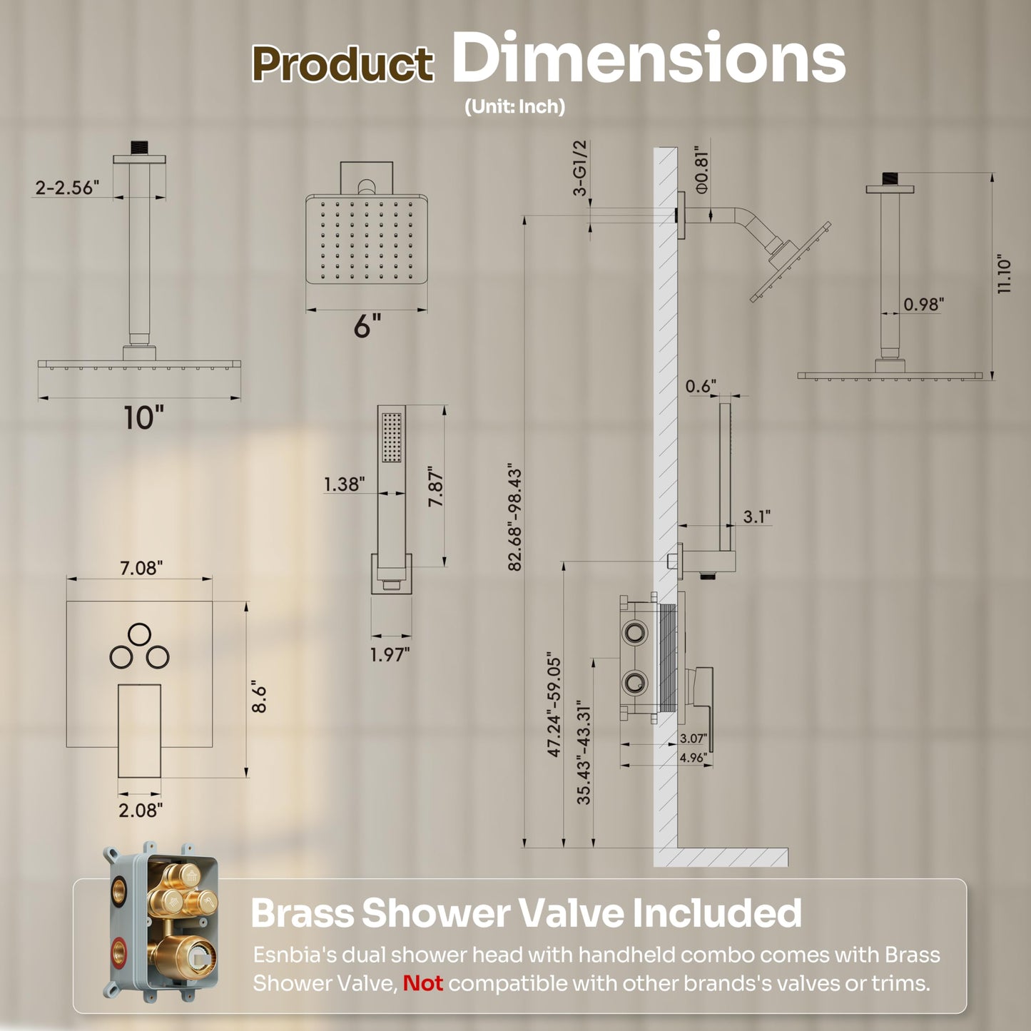 Gold Shower Faucet Set, Brushed Gold Shower System, 10'' Ceiling Shower Head and 6'' Wall Mounted ShowerHead, Dual Gold Shower Head with Handheld Combo, 3 In 1 Push Button Shower Diverter Valve