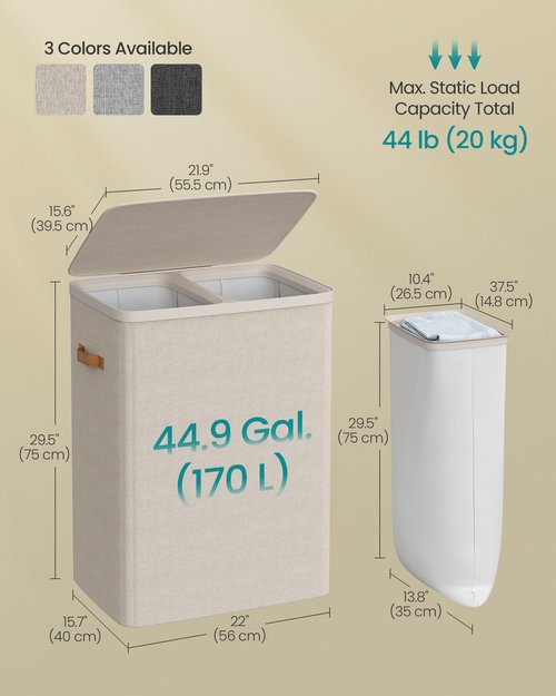 SONGMICS Laundry Basket, 44.9 Gal. Laundry Hamper, 2 Compartments, Easy Assembly, with Lid and Handles, Removable Inner Bags, 22 x 15.7 x 29.5 Inches, Cappuccino Beige ULCB813L01