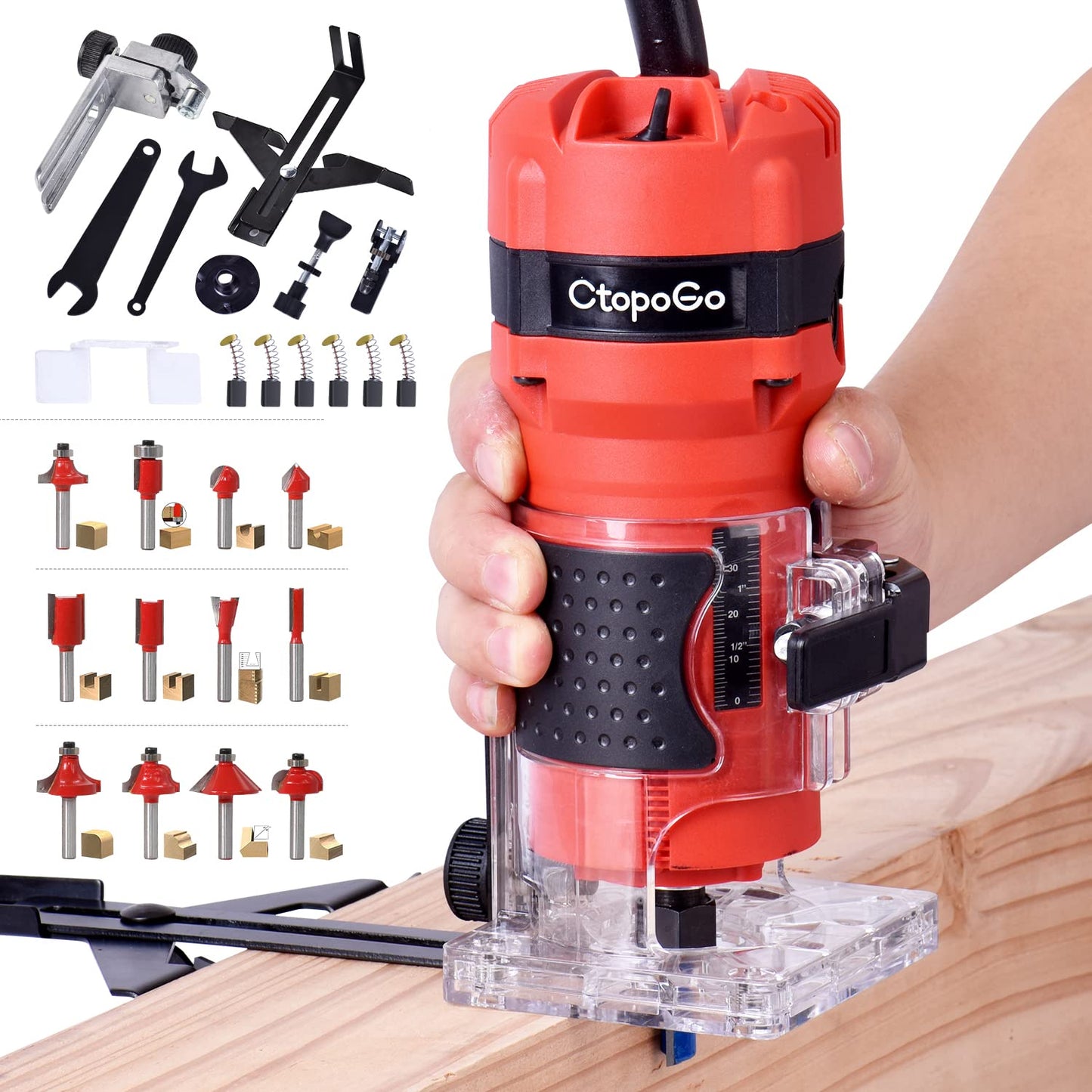 Compact Palm Router Tool, 800W Hand Wood Trimmer with 12PCS 1/4" Router Bits for Woodworking