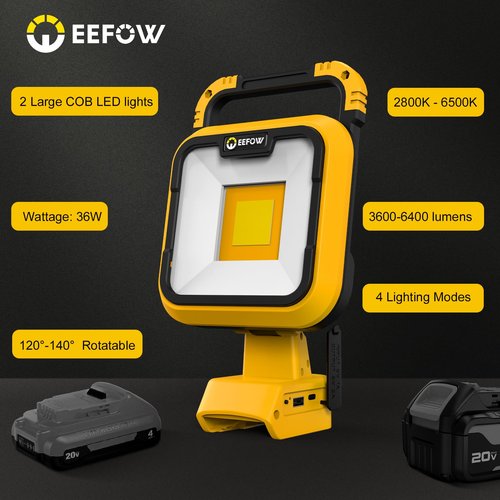 EEFOW Work Light for Dewalt Battery: Portable 2 COB Lamp 6400Lumen Bright - 64W LED Lighting for Dewalt 18V 20V Max Battery Operated Worklight for Outdoor Construction