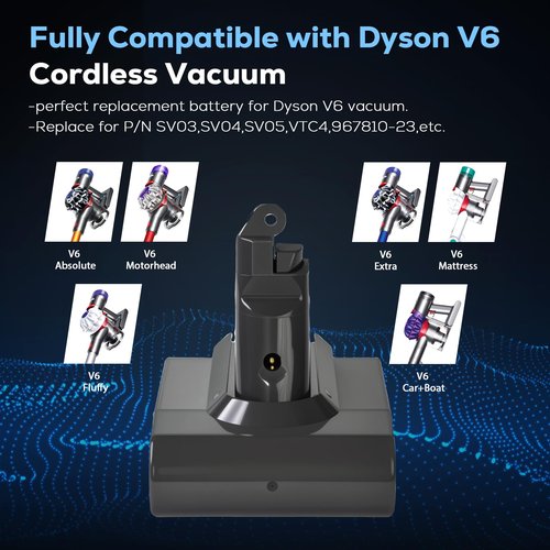 New Upgraded 6500mAh V6 Battery Replacement Compatible for Dyson V6 Animal/Absolute/Motorhead/Fluffy SV03 SV04 SV05 SV06 SV07 SV09 DC58 DC59 DC61 DC62 DC72 DC74 6 Cell VTC4 Vacuum Battery