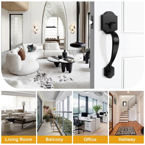 Probrico Black Heavy Duty Front Entry Handleset, Passage Lock Grip Handle with Wave Lever Keyless Door Locks, Interior and Exterior Entrance Door Handle with Reversible Handed Lever,1Pack