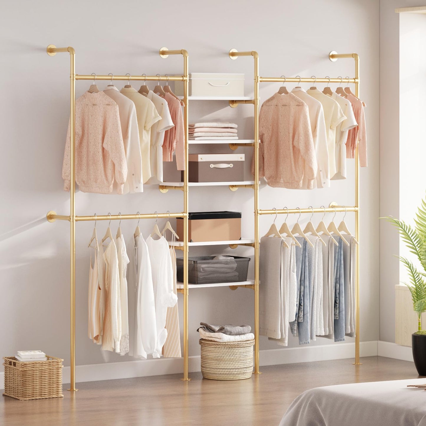 WTPLWD Industrial Pipe Clothing Racks with 5 Shelves, Wall Mounted Gold Clothes Rack for Hanging Clothes, Gold Wall Clothing Rack, Heavy Duty Clothes Rack for Walk in Closet, Laundry Room