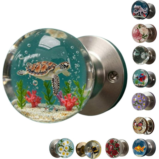 Unique Decorative Door Handle, Retro Round Resin Epoxy Flower Door Knob Retro, Floral & Animal Designs, Artistic Unique Knob for Modern/Classic Bedrooms, Nature-Themed Home Decor (Turtle)