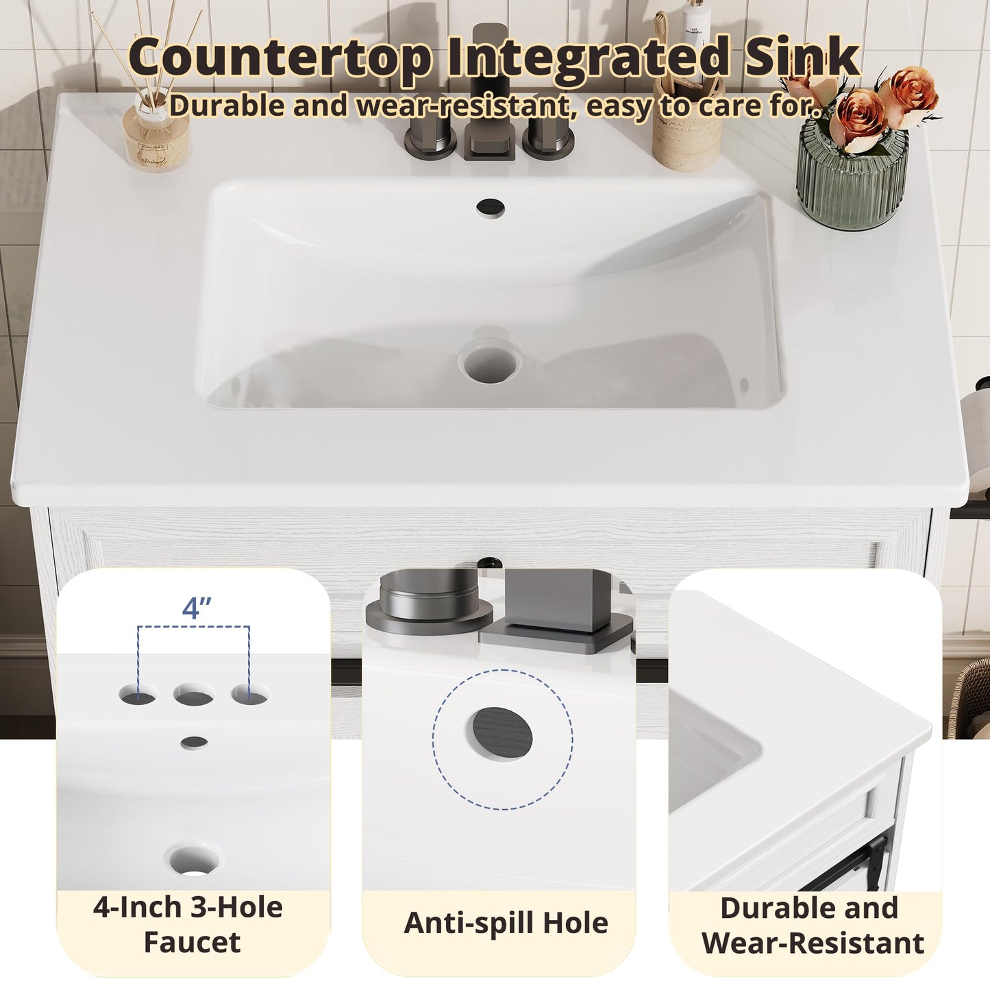 IRONCK 30" Bathroom Vanity with Sink, Farmhouse Bathroom Sink Cabinet with Flip Drawer & Sliding Barn Door, Freestanding Bathroom Vanities with Metal Handles, Paper Towel Holder,White