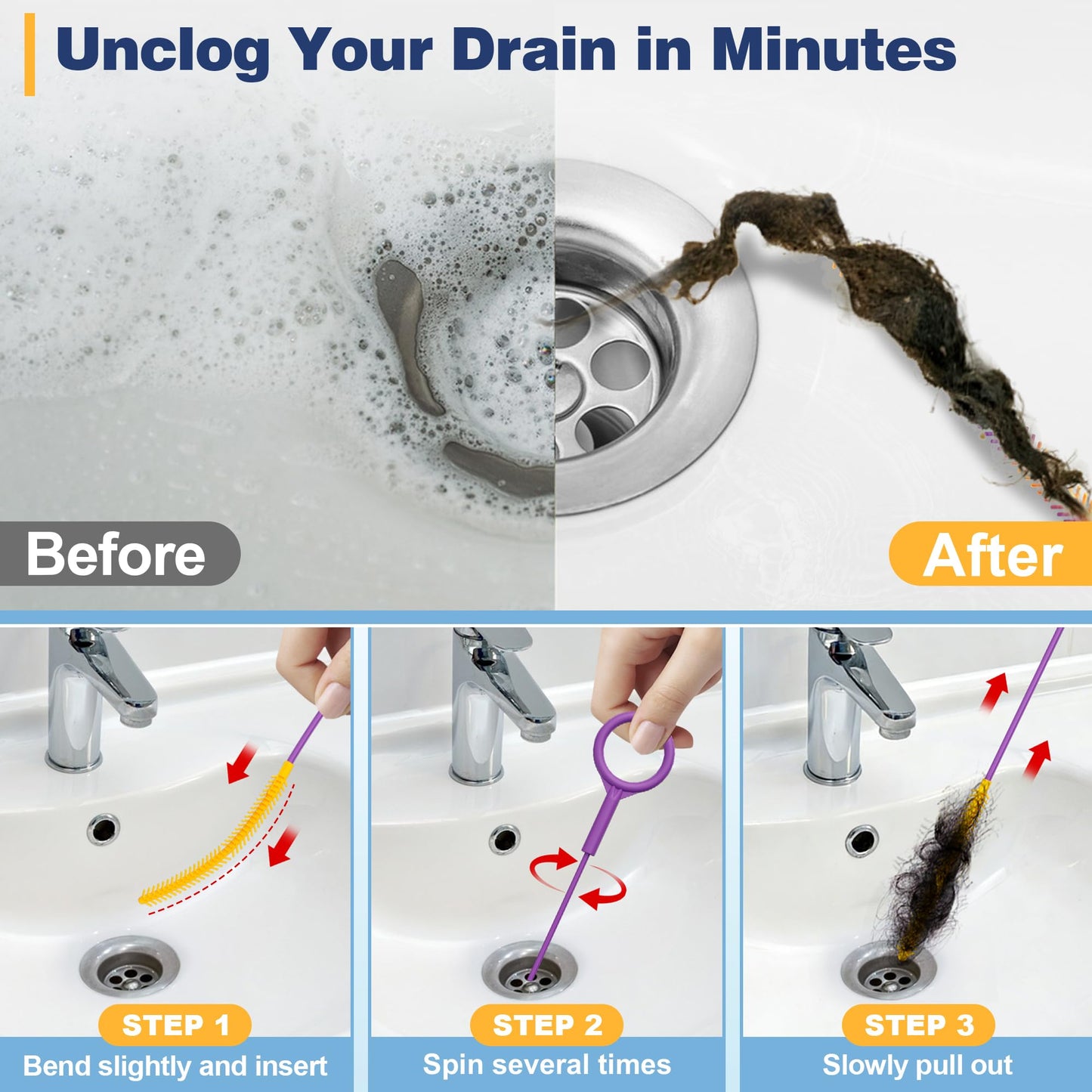 Drainsoon 35-Inch Metal Drain Snake Hair Clog Remover, Reusable Sink Snake Drain Hair Remover Tool, Flexible Break-Resistant Plumbing Snake Drain Cleaner for Shower, Bathtub, and Kitchen Sink (5 Pack)