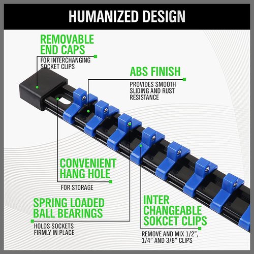 SWANLAKE Organizer Socket Holder, 6PCS 1/4-Inch x 32 Clips, 3/8-Inch x 30 Clips, 1/2-Inch x 24 Clip, Premium Quality Socket Clip Rail Holder (6PC)