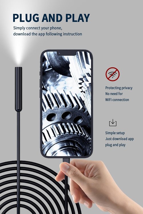 16.4ft Endoscope Camera with Light for iPhone and Android, 1920P HD IP67 Waterproof Borescope with 8 Adjustable LED Lights, Semi-Rigid Snake Camera, 7.9mm Black