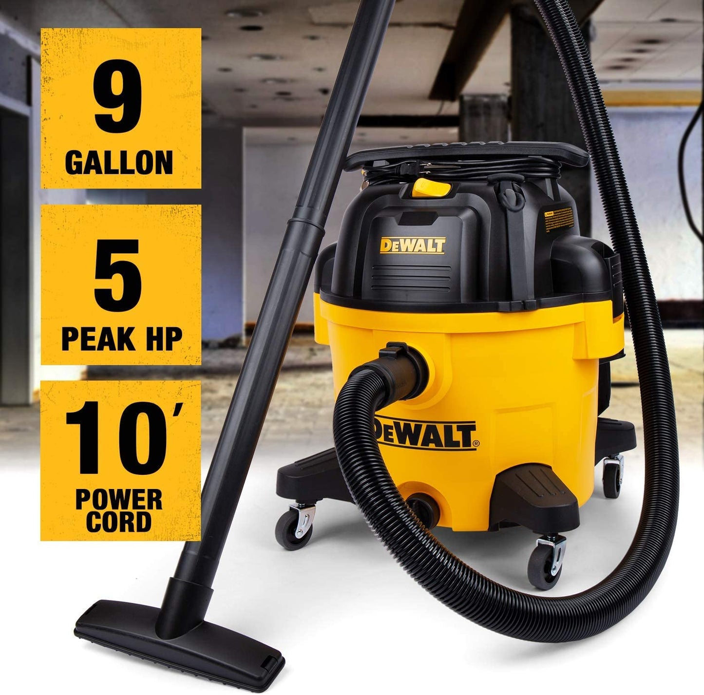 DEWALT 9 Gallon Poly Wet/Dry Vac DXV09PZ, Shop Vacuum for Workshop/Jobsite Yellow
