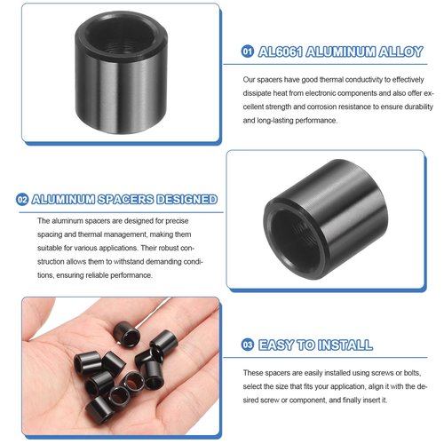 uxcell 10 Pcs Aluminum Spacer, 1/4" Bore x 3/8" OD x 3/8" Length Black Round Spacer Unthreaded Standoff Bushing Plain Finish Metal Spacers