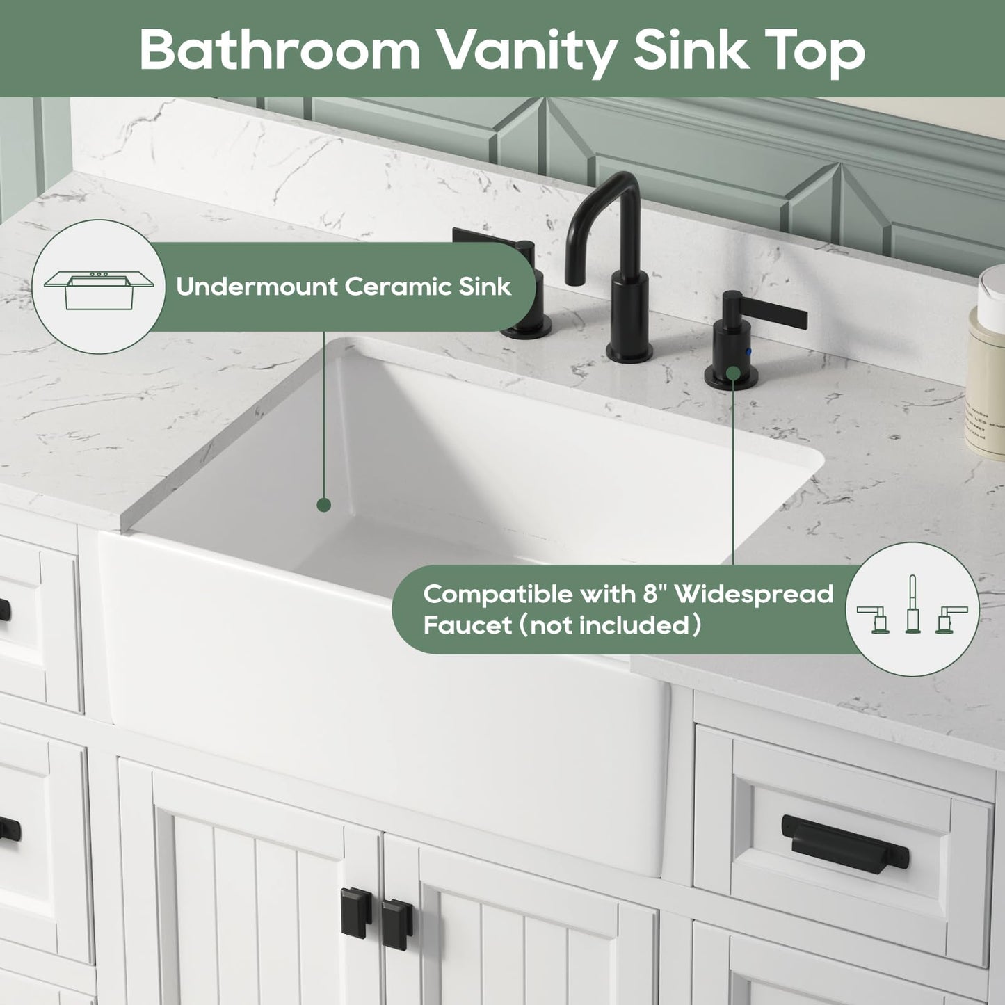 DELUXE LIVING 48 Inch Bathroom Vanity with Apron Farm Sink, White Farmhouse Bathroom Sink Cabinet with Soft Closing Doors & Dovetail Drawers, Single Sink Bathroom Vanity, No Assembly Required