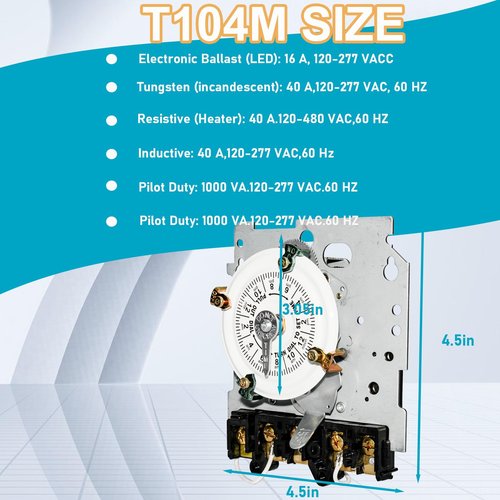 T104M Pool Pump Timer, 208-277V 40A DPST Switch, 24-Hour Mechanical Scheduling, 12 Cycle ON/Off Operations, Manual Override Outdoor Pool Timer for Pump, Reliable Control for Various Loads